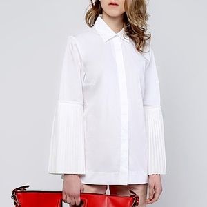 D. EXTERIOR Pleated Sleeve Front Snap Blouse White